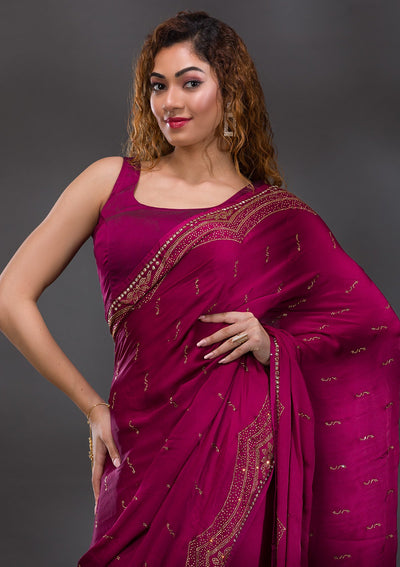 Wine Swarovski Satin Saree-Koskii