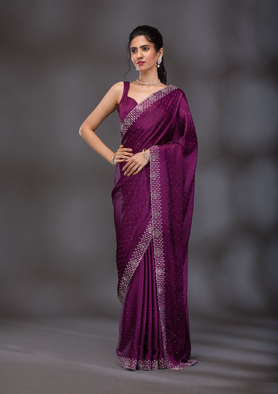 Wine Swarovski Satin Saree-Koskii