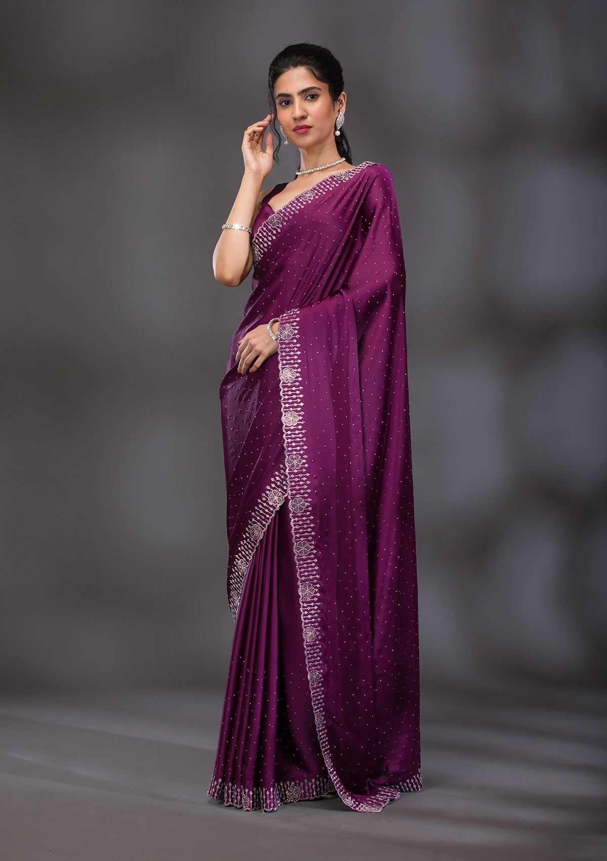 Wine Swarovski Satin Saree-Koskii