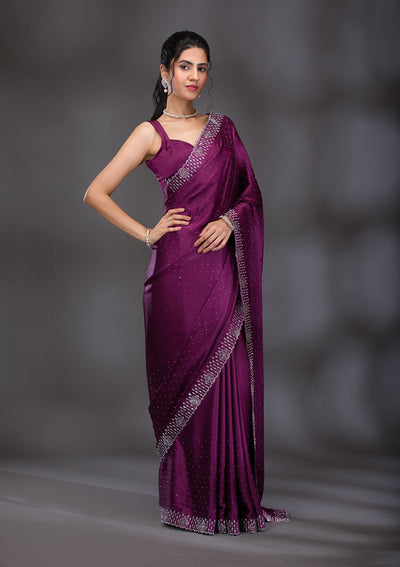 Wine Swarovski Satin Saree-Koskii