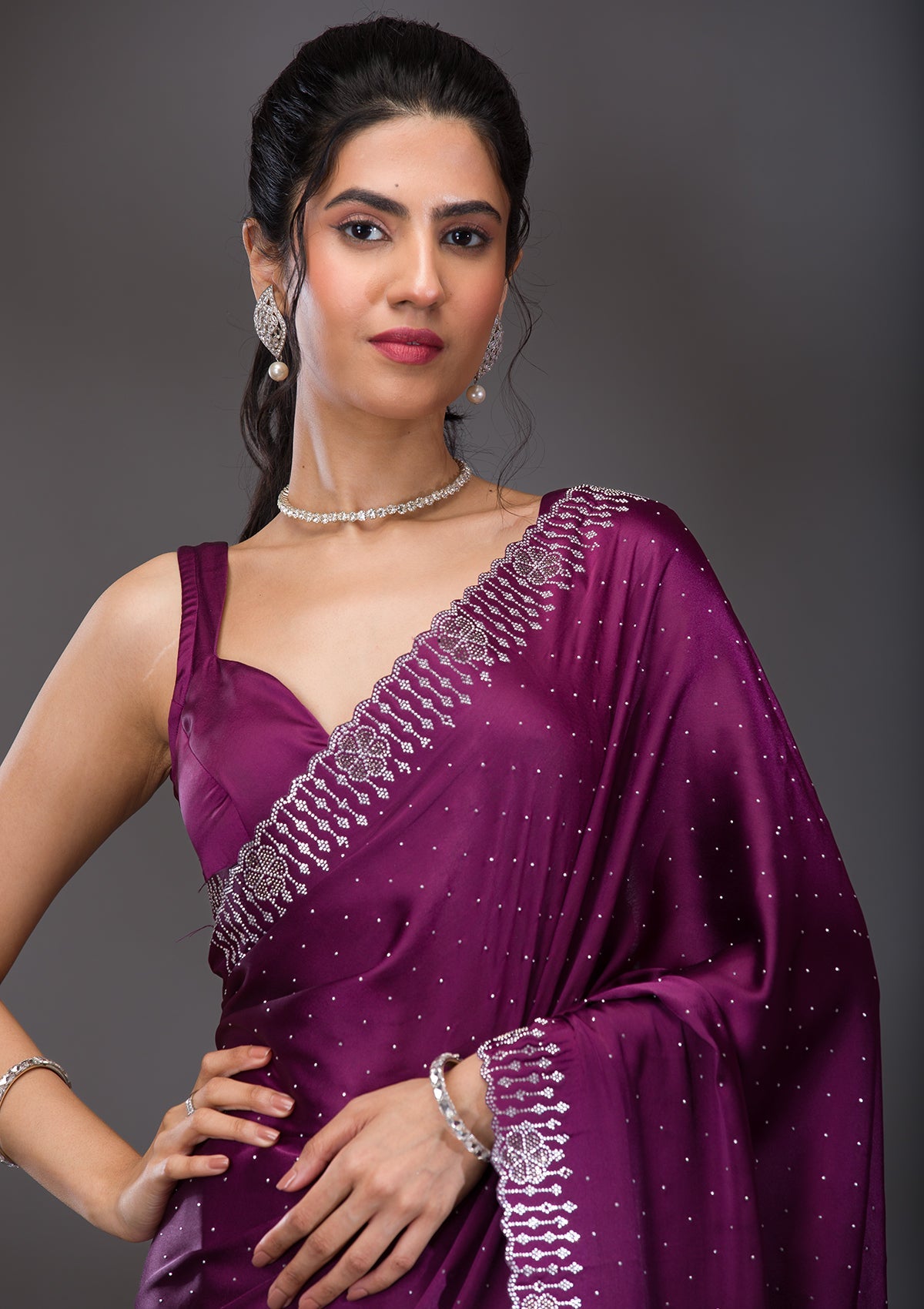 Wine Swarovski Satin Saree-Koskii