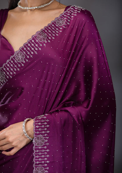 Wine Swarovski Satin Saree-Koskii