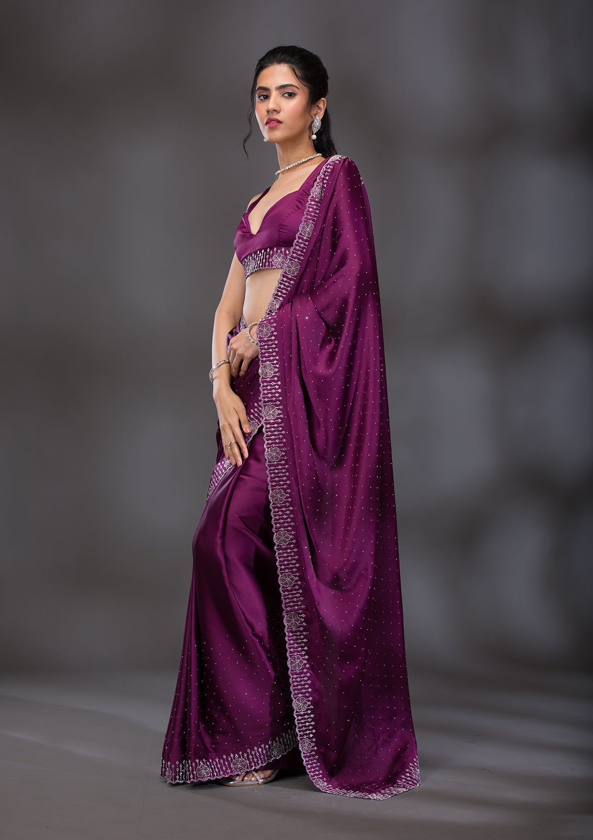 Wine Swarovski Satin Saree-Koskii