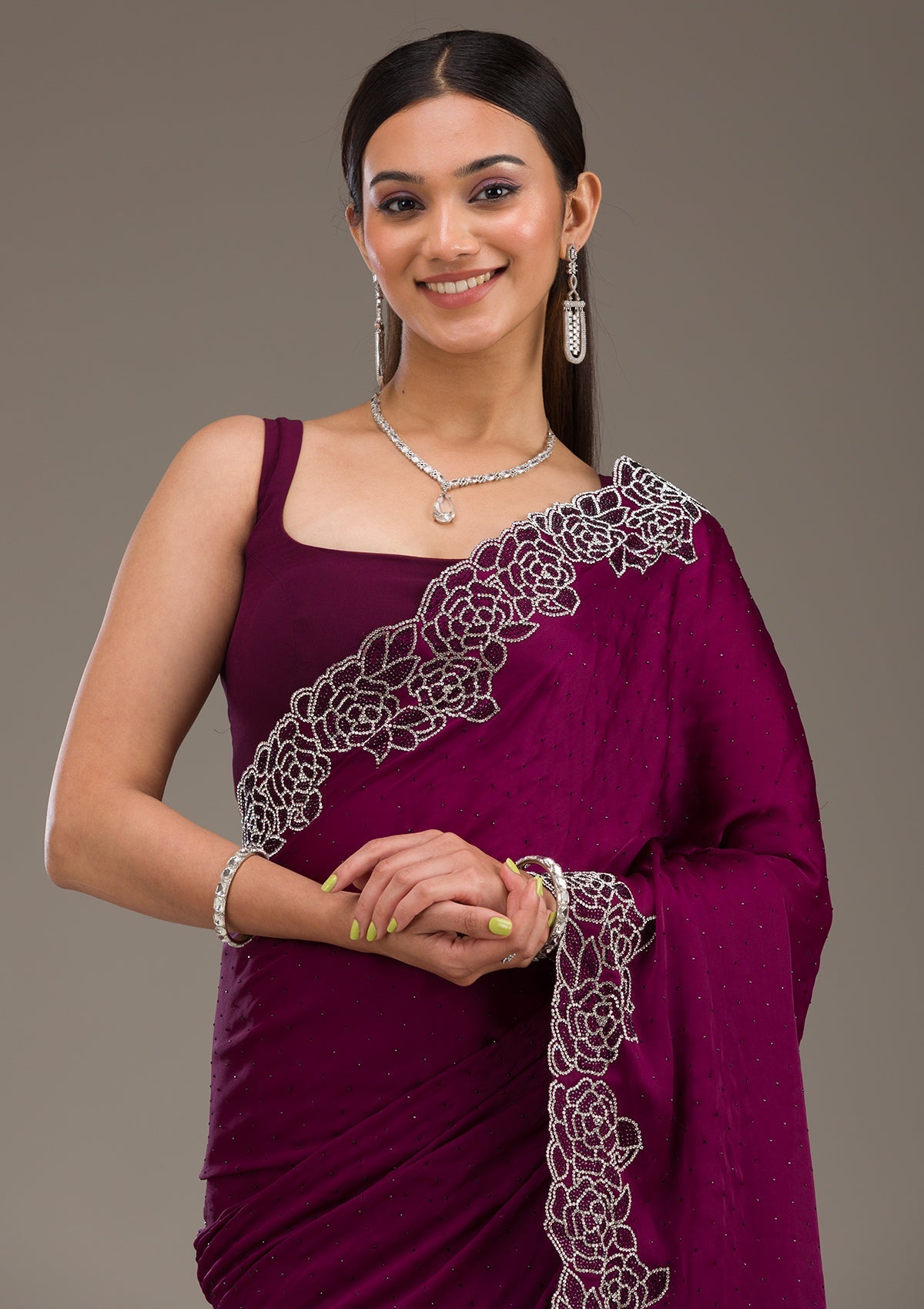 Wine Swarovski Satin Saree-Koskii