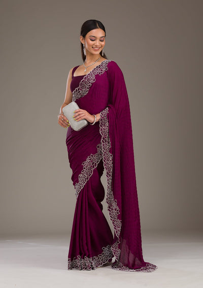 Wine Swarovski Satin Saree-Koskii