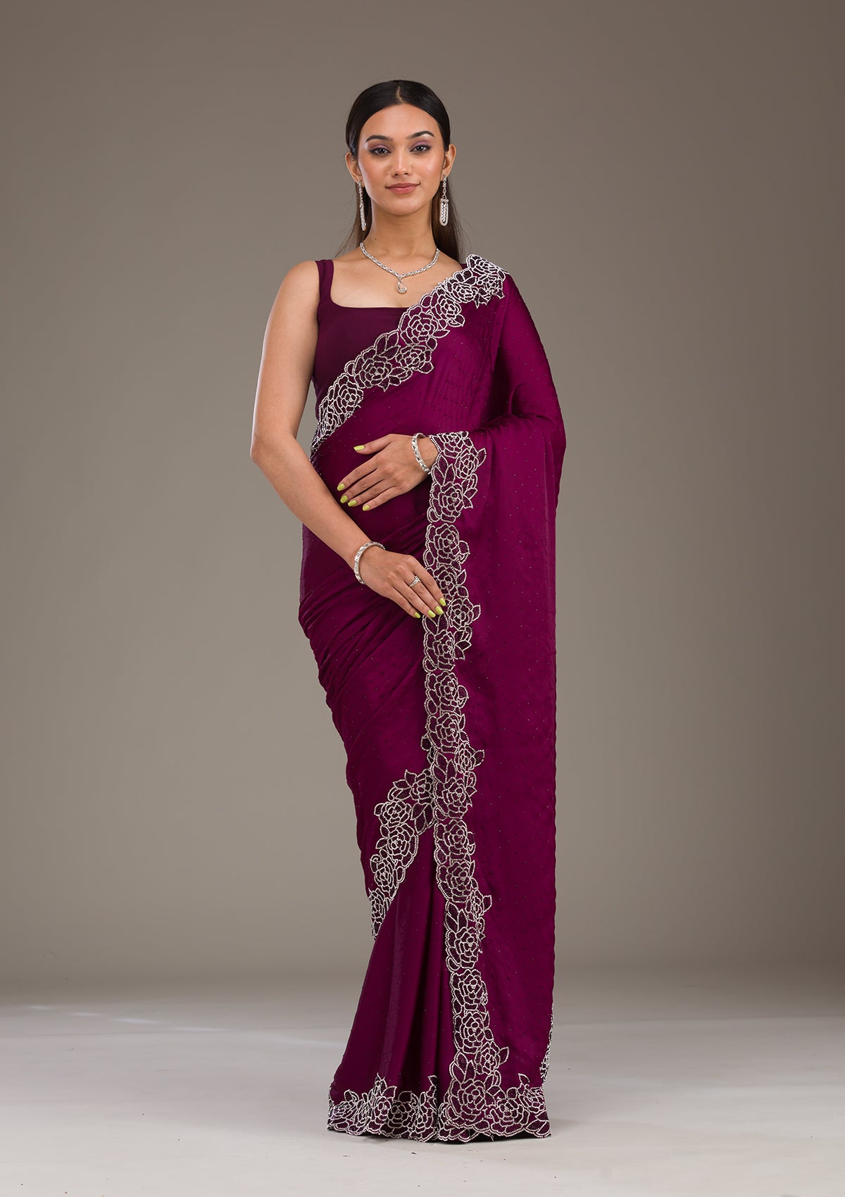 Wine Swarovski Satin Saree-Koskii