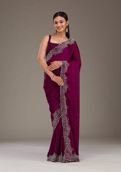 Wine Swarovski Satin Saree-Koskii