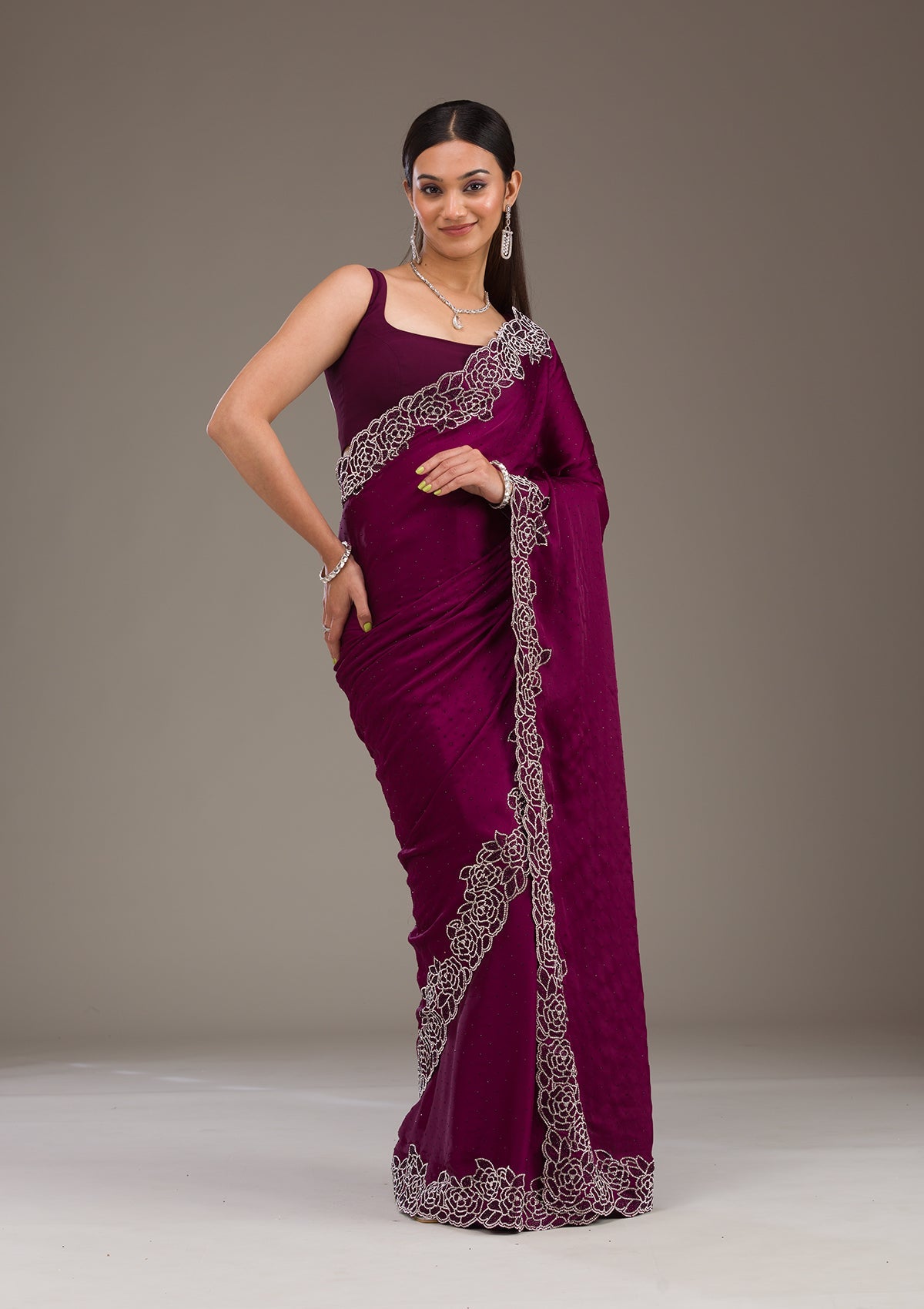 Wine Swarovski Satin Saree-Koskii