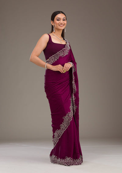 Wine Swarovski Satin Saree-Koskii