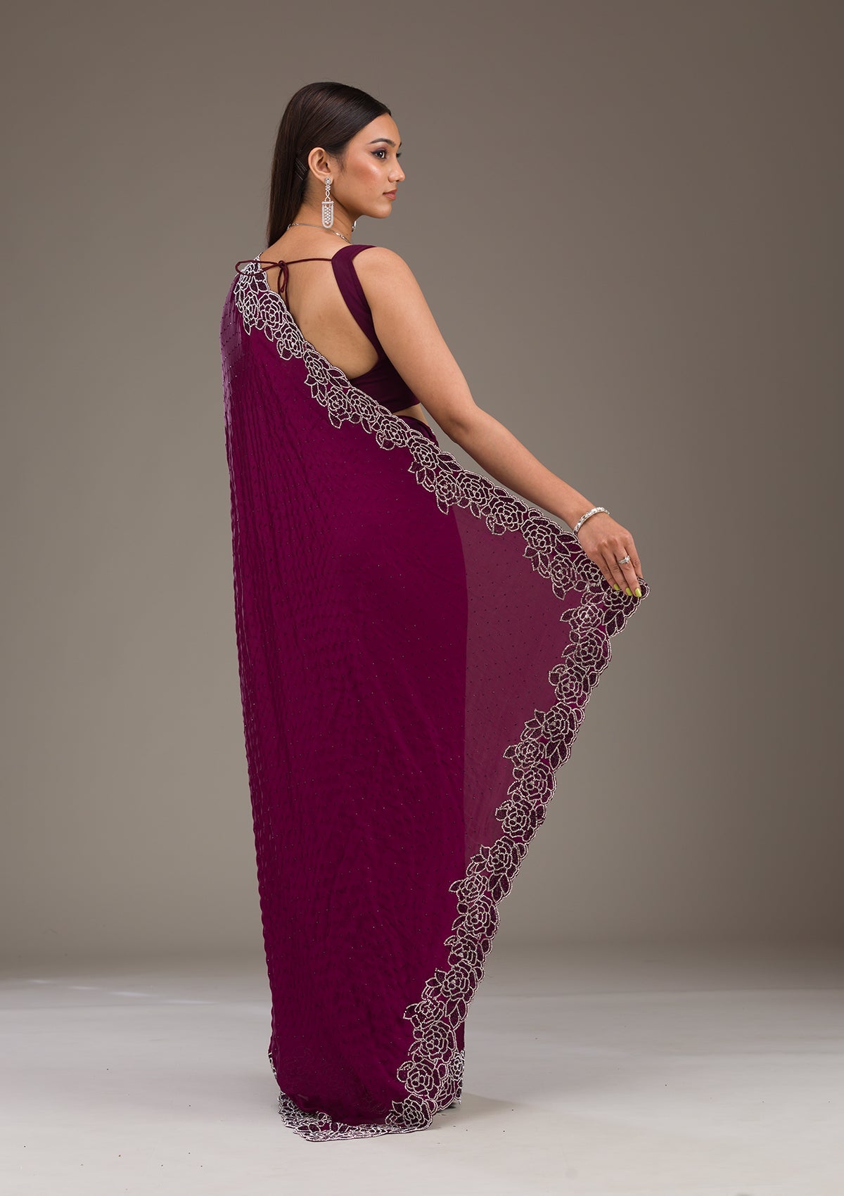 Wine Swarovski Satin Saree-Koskii