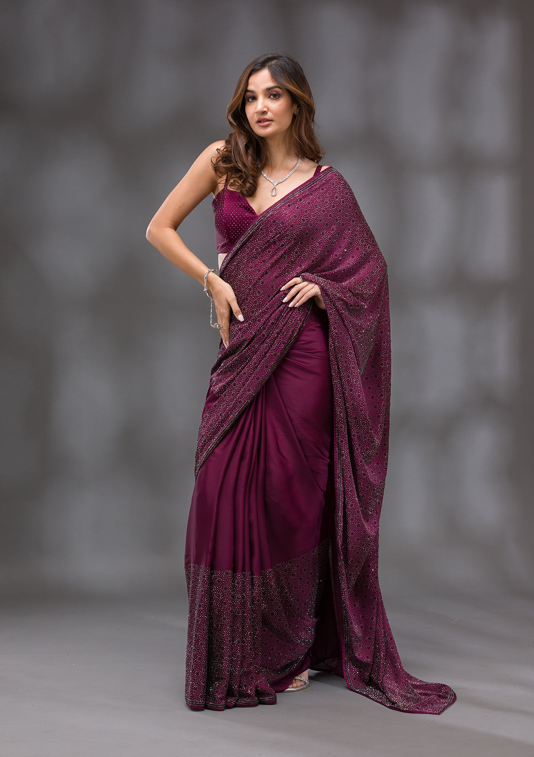Wine Swarovski Crepe Designer Saree