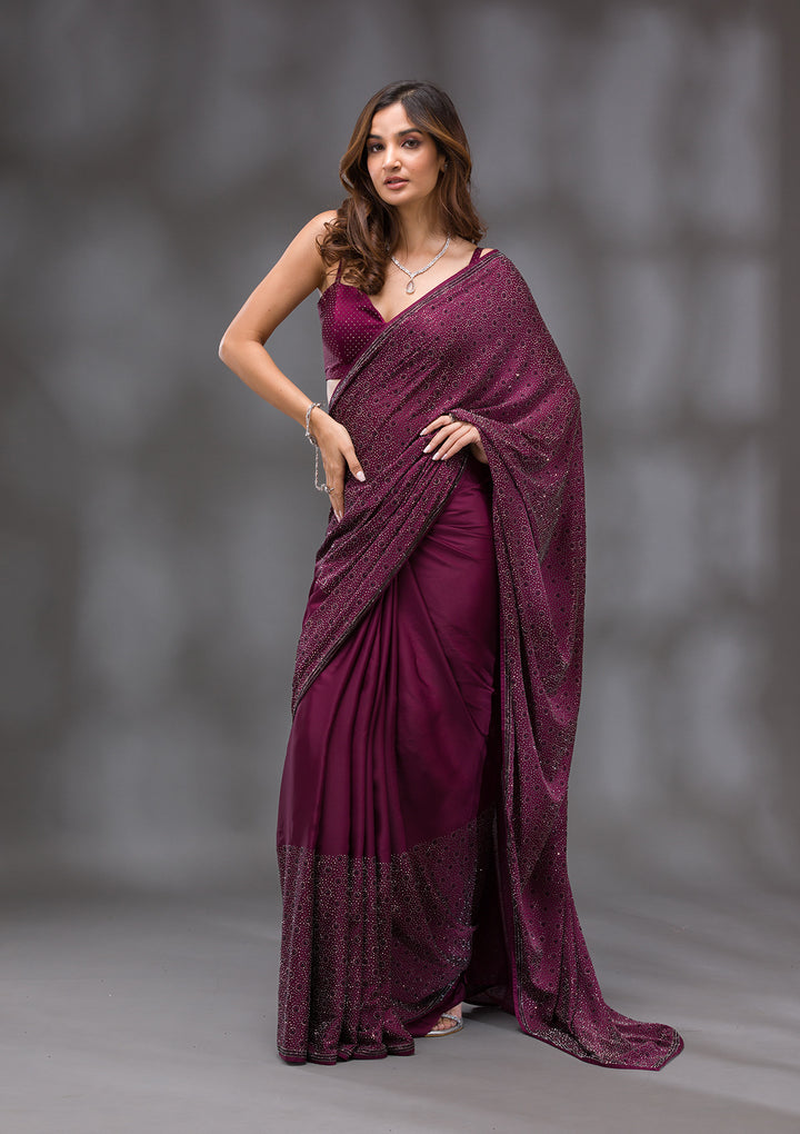 Wine Swarovski Crepe Designer Saree