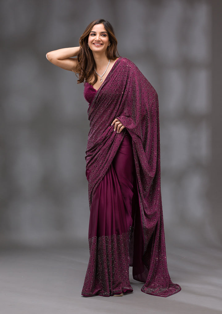 Wine Swarovski Crepe Designer Saree