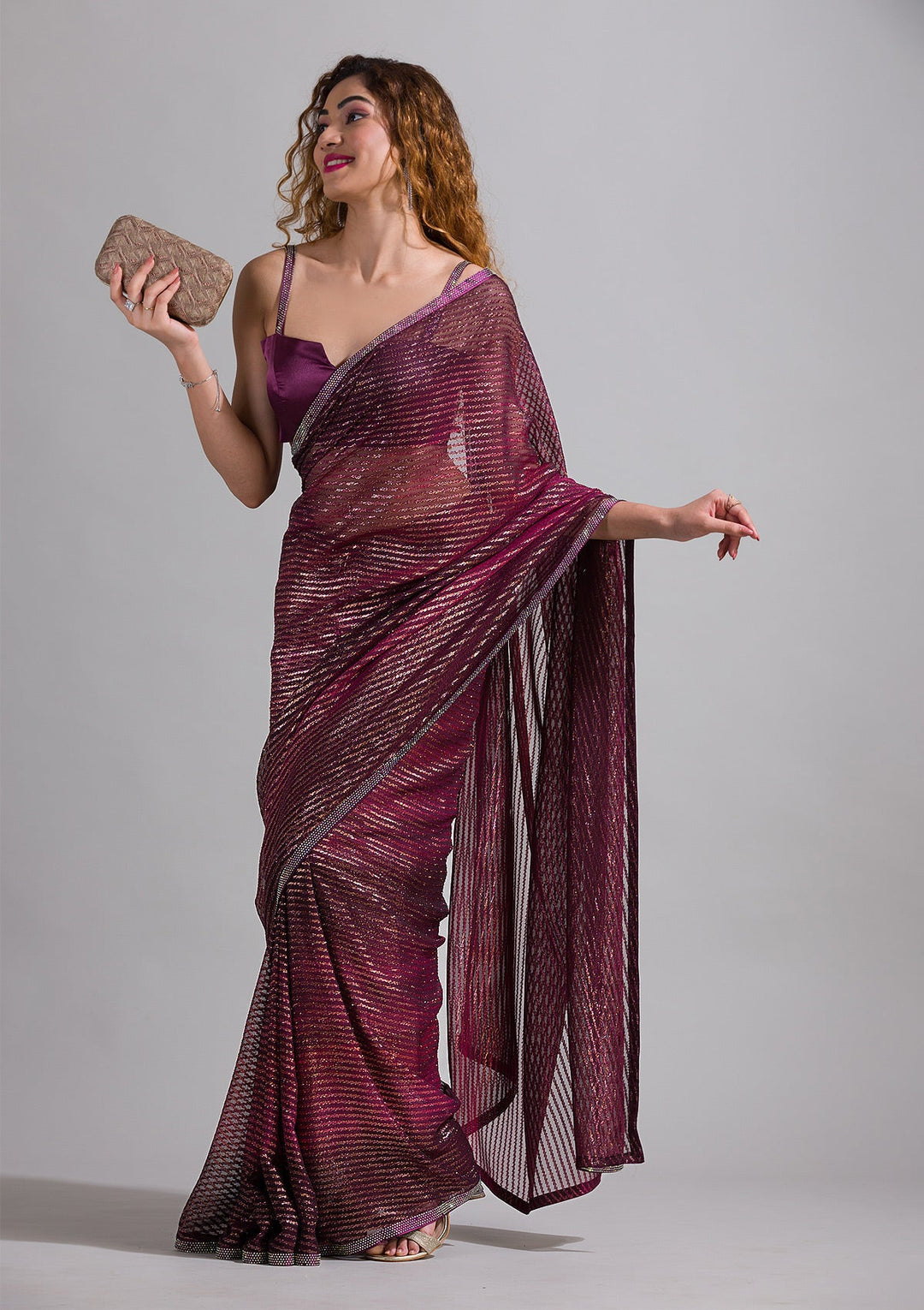 Wine Swarovski Shimmer Georgette Saree-Koskii