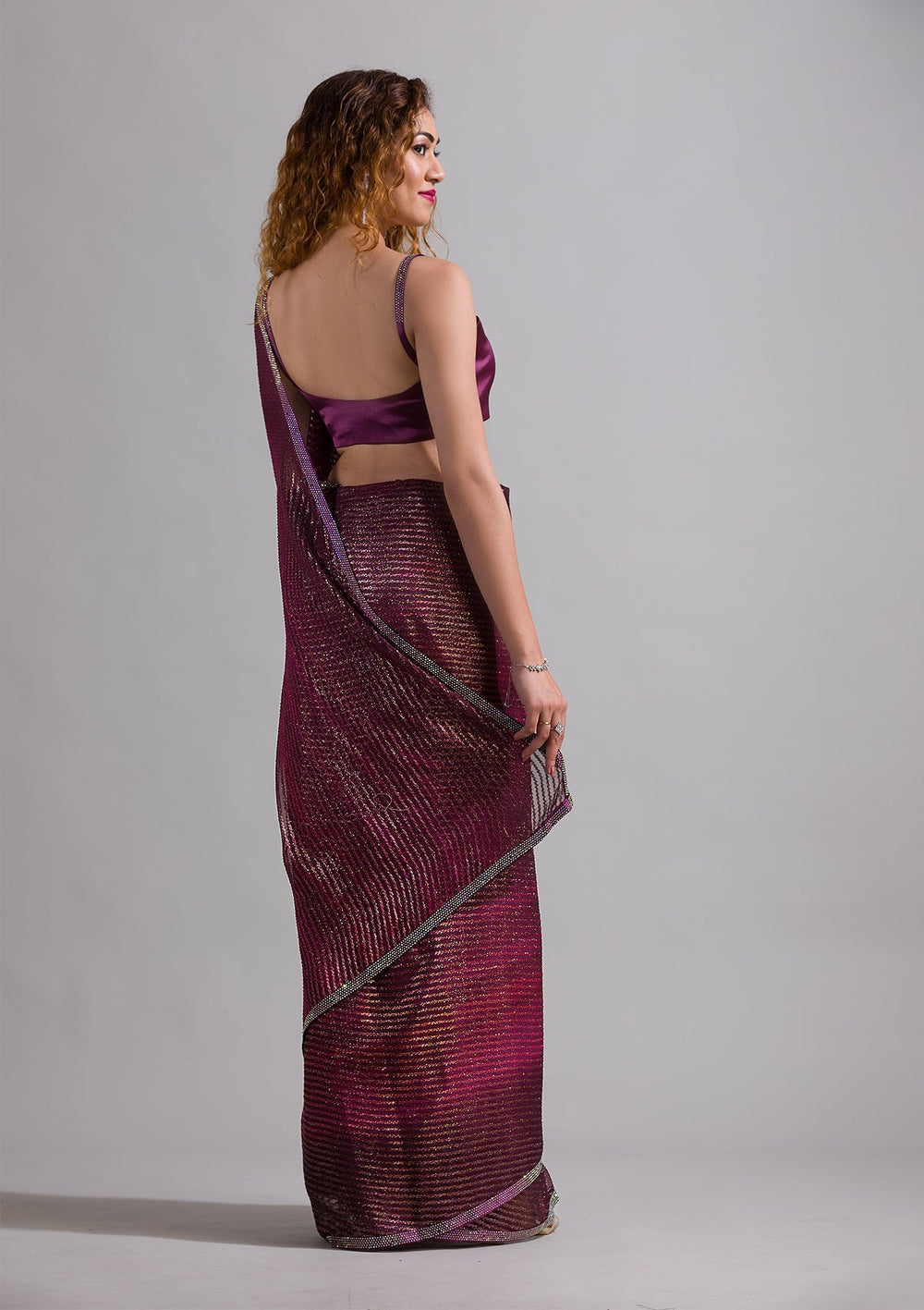 Wine Swarovski Shimmer Georgette Saree-Koskii