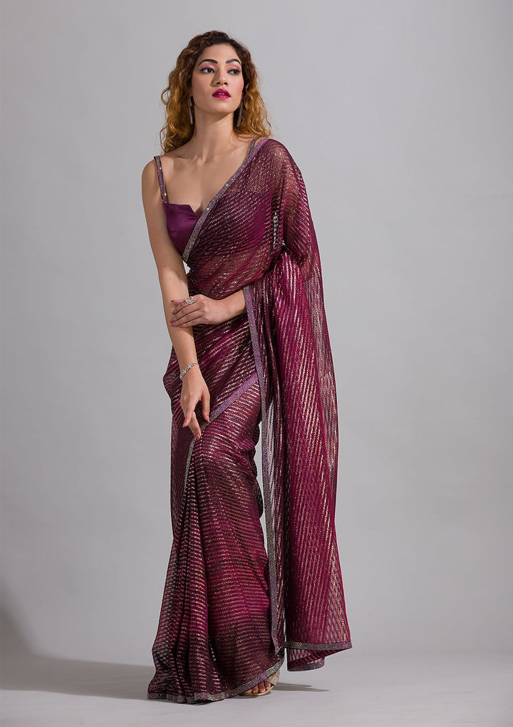 Wine Swarovski Shimmer Georgette Saree-Koskii