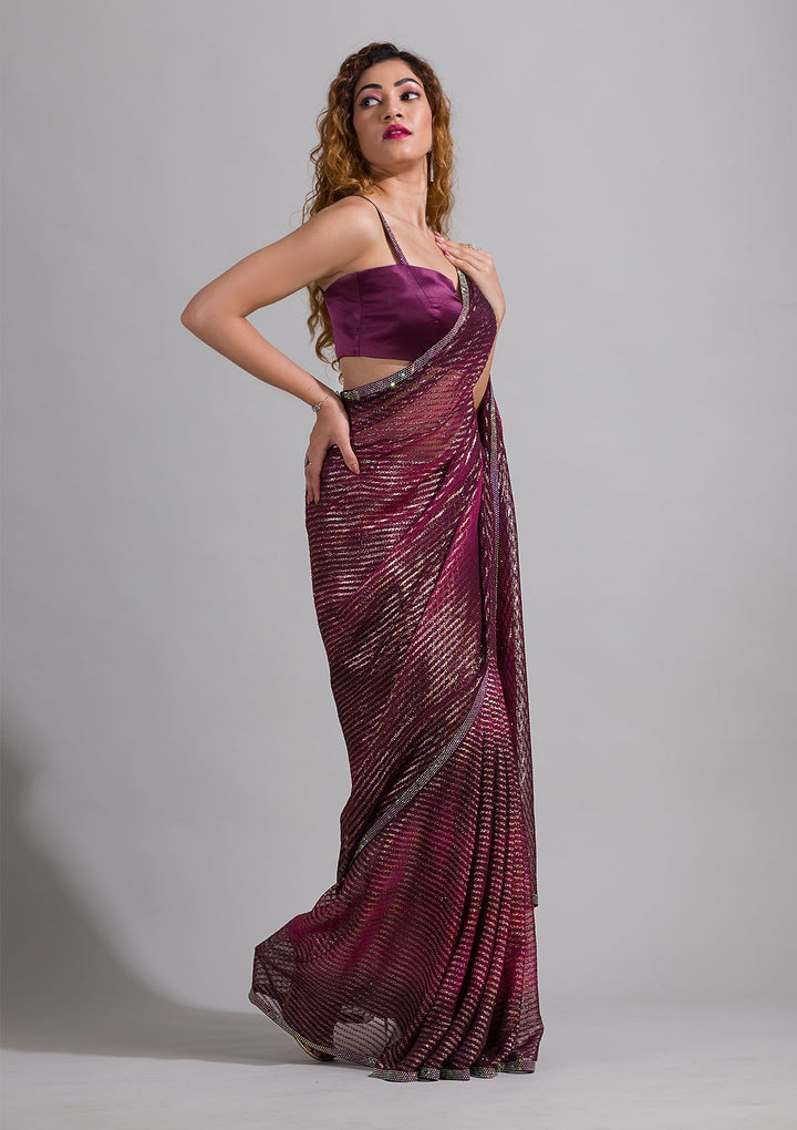Wine Swarovski Shimmer Georgette Saree-Koskii