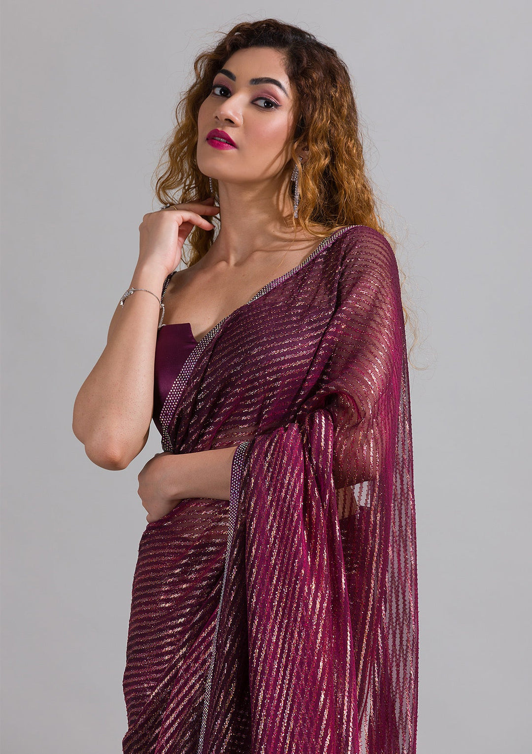 Wine Swarovski Shimmer Georgette Saree-Koskii