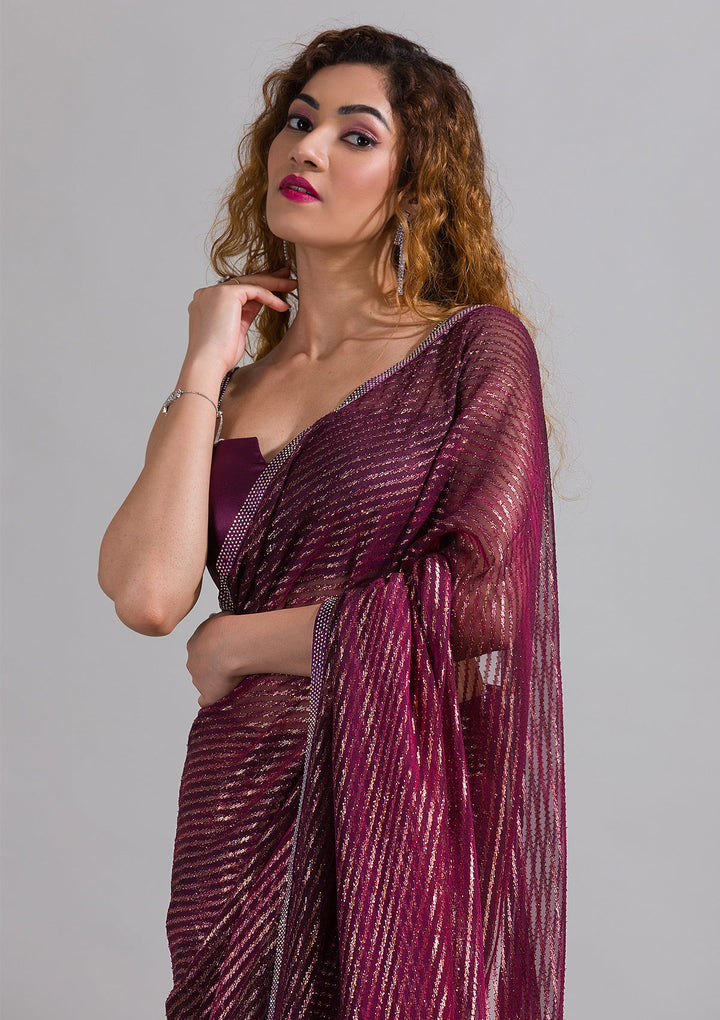 Wine Swarovski Shimmer Georgette Saree-Koskii