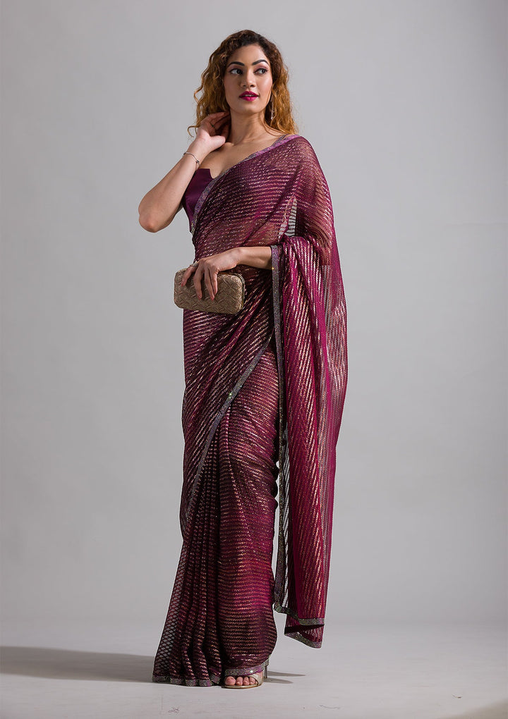 Wine Swarovski Shimmer Georgette Saree-Koskii