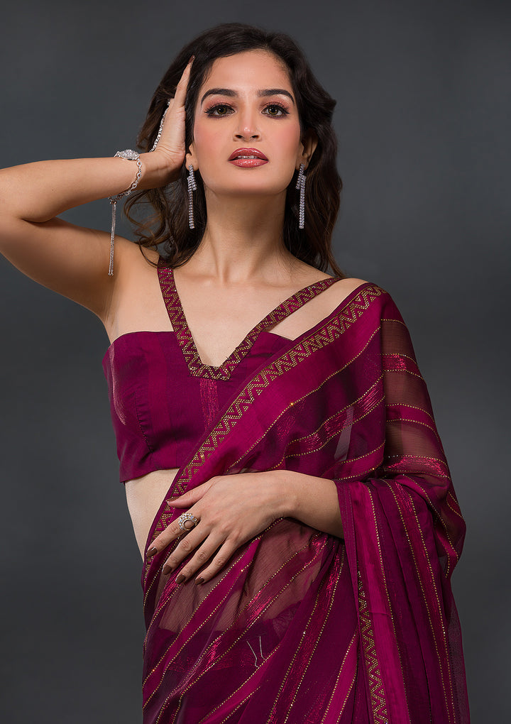Wine Swarovski Tissue Saree-Koskii