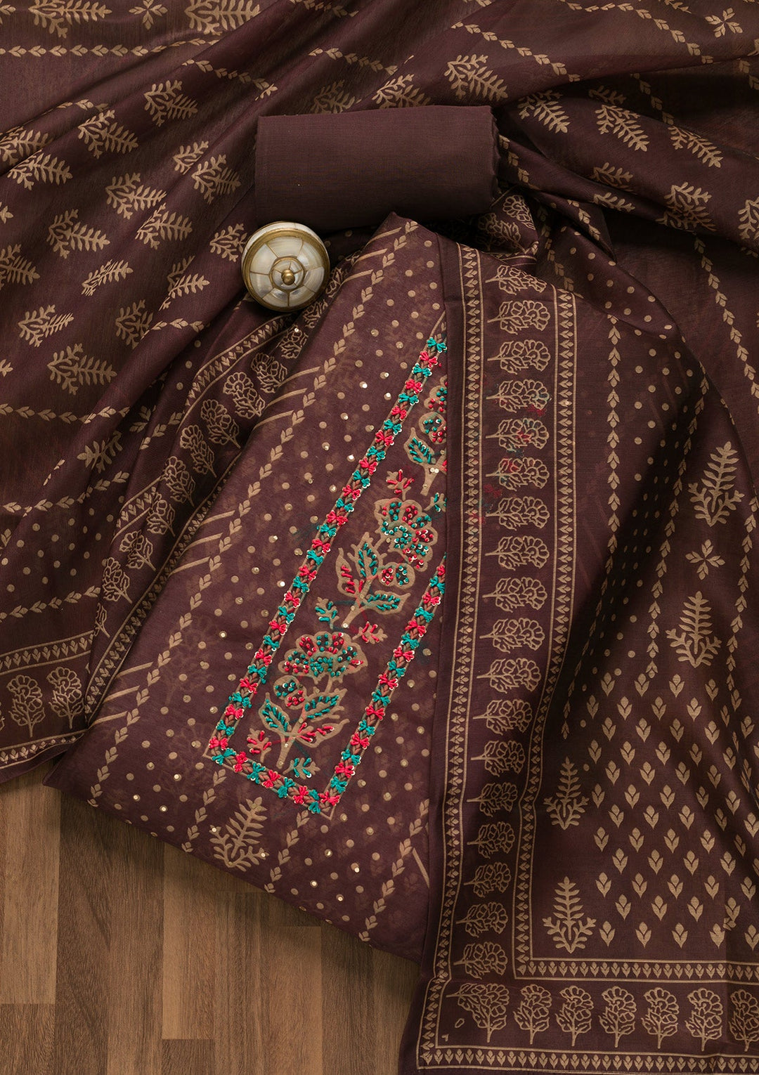 Wine Threadwork Chanderi Unstitched Salwar Suit-Koskii