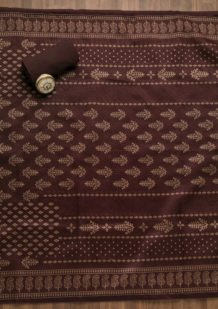 Wine Threadwork Chanderi Unstitched Salwar Suit-Koskii