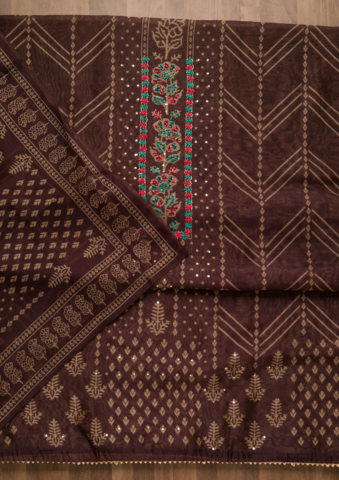Wine Threadwork Chanderi Unstitched Salwar Suit-Koskii