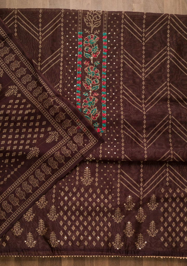 Wine Threadwork Chanderi Unstitched Salwar Suit-Koskii