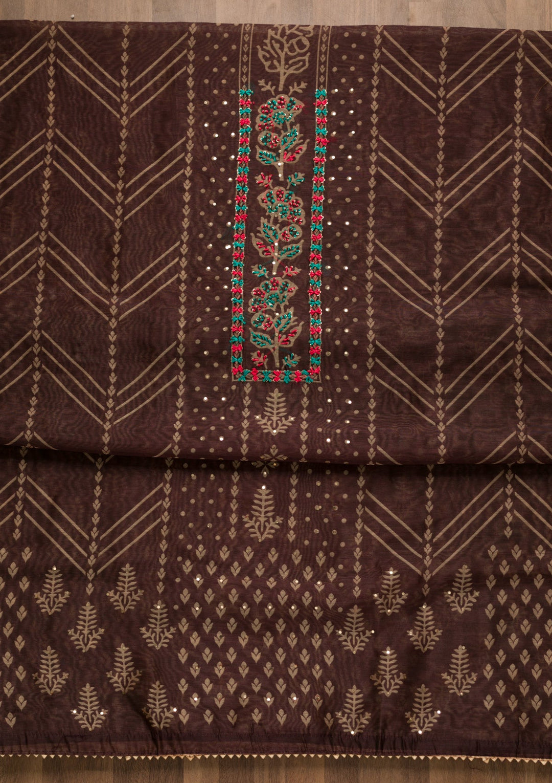 Wine Threadwork Chanderi Unstitched Salwar Suit-Koskii
