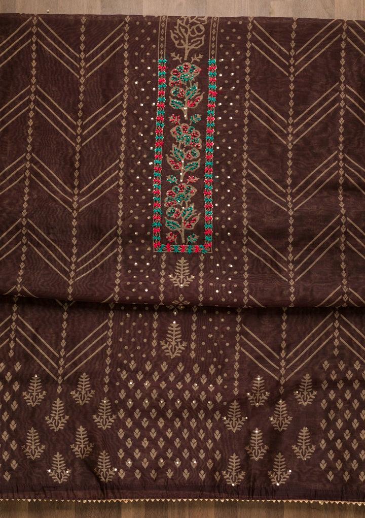 Wine Threadwork Chanderi Unstitched Salwar Suit-Koskii