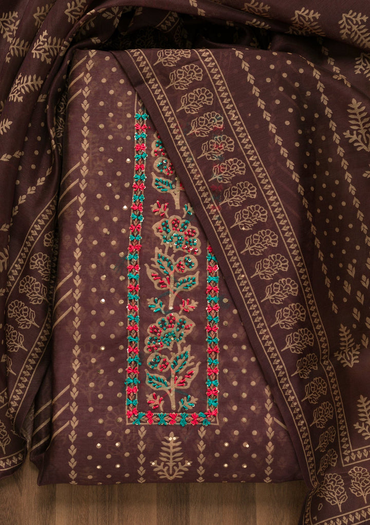 Wine Threadwork Chanderi Unstitched Salwar Suit-Koskii