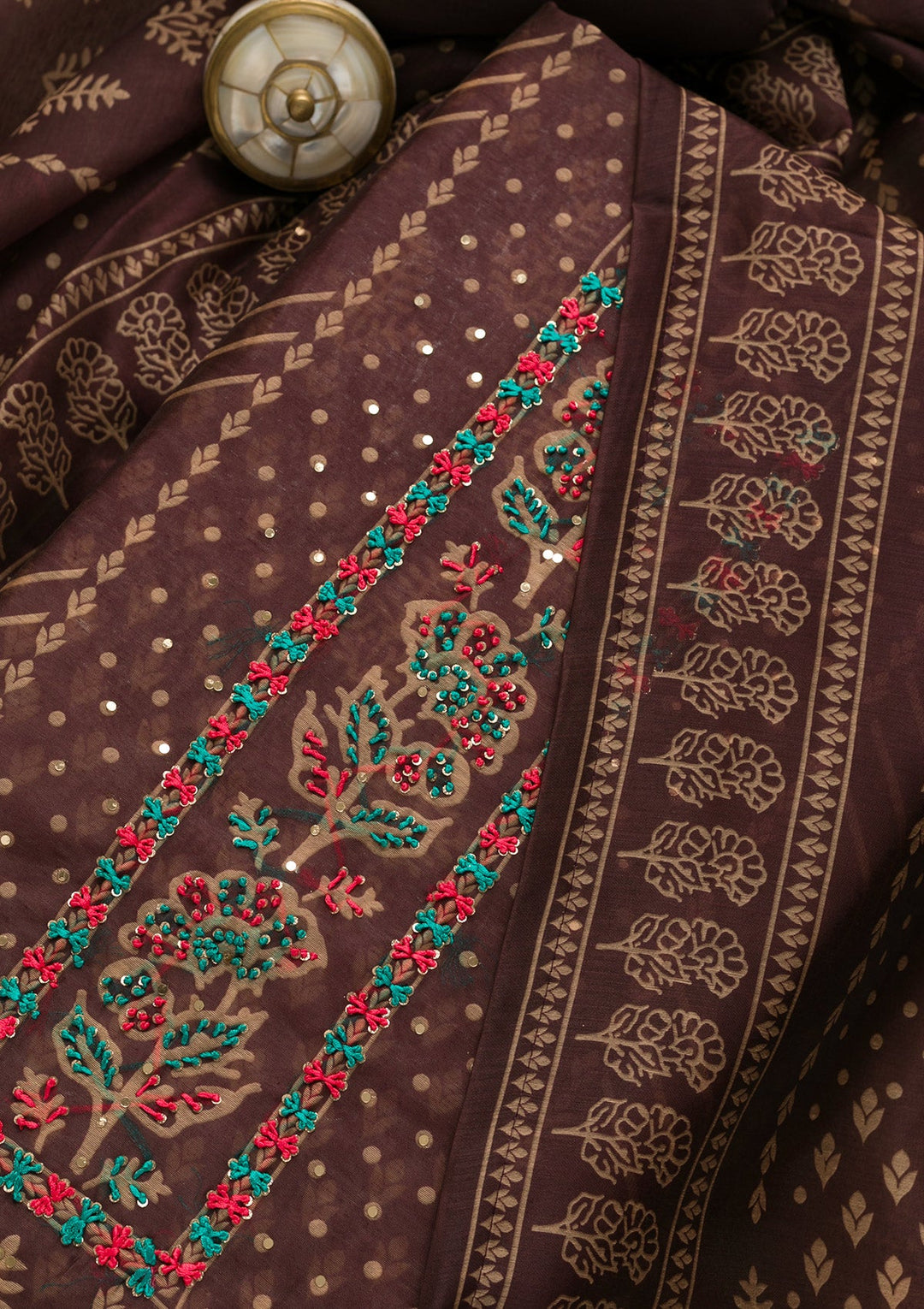 Wine Threadwork Chanderi Unstitched Salwar Suit-Koskii