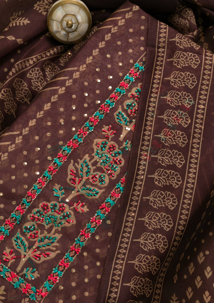 Wine Threadwork Chanderi Unstitched Salwar Suit-Koskii