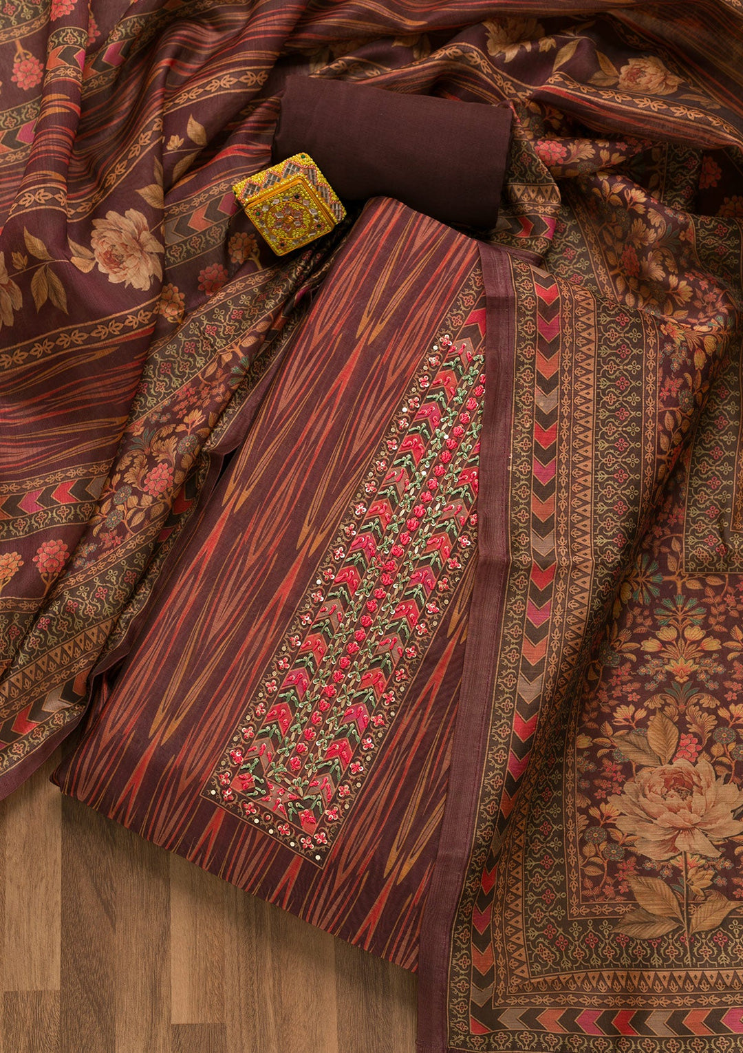 Wine Threadwork Chanderi Unstitched Salwar Suit-Koskii