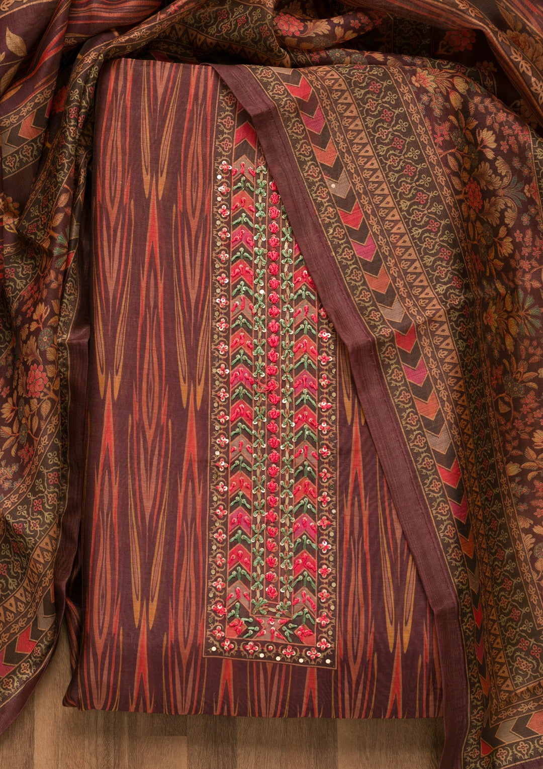 Wine Threadwork Chanderi Unstitched Salwar Suit-Koskii