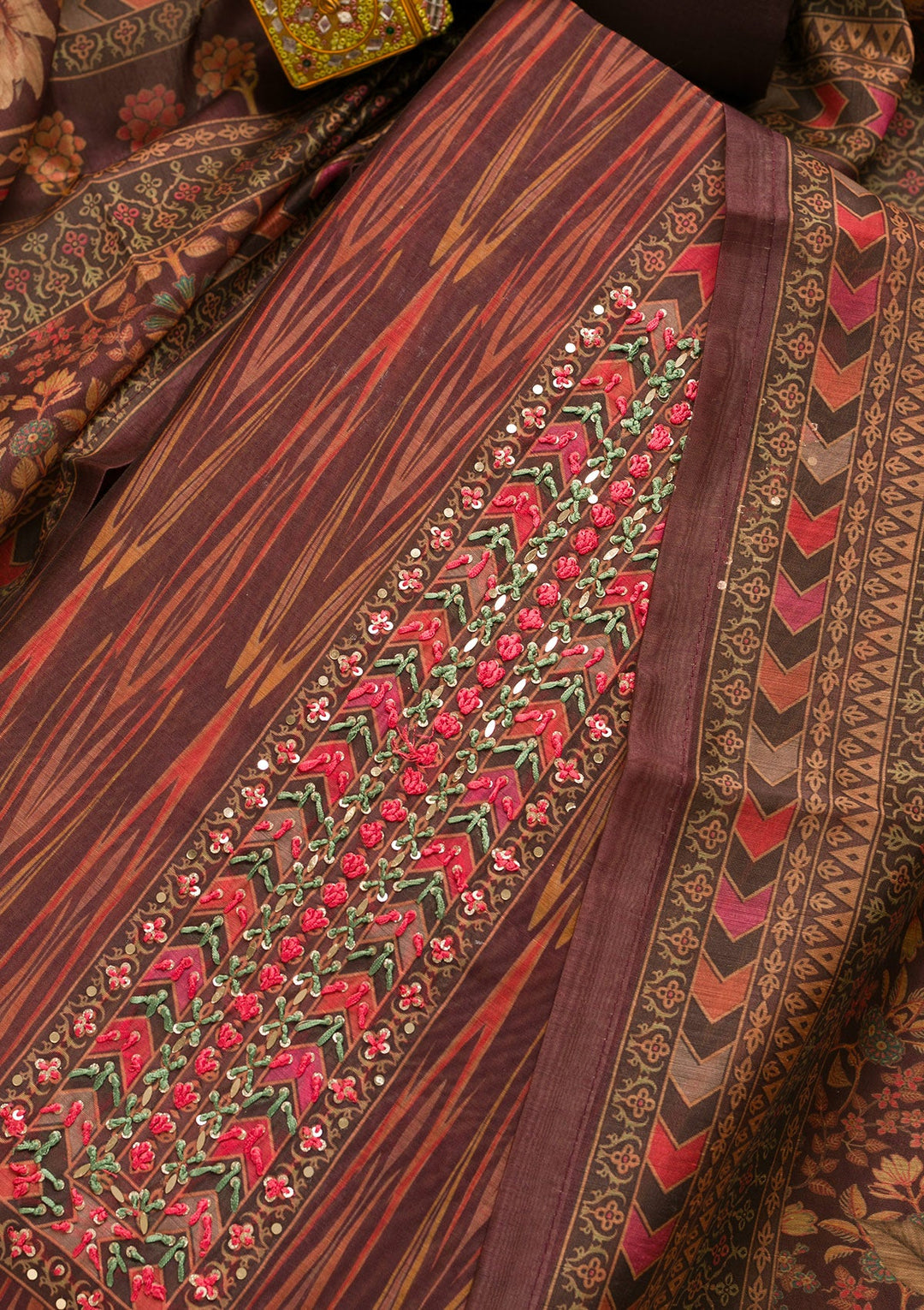 Wine Threadwork Chanderi Unstitched Salwar Suit-Koskii