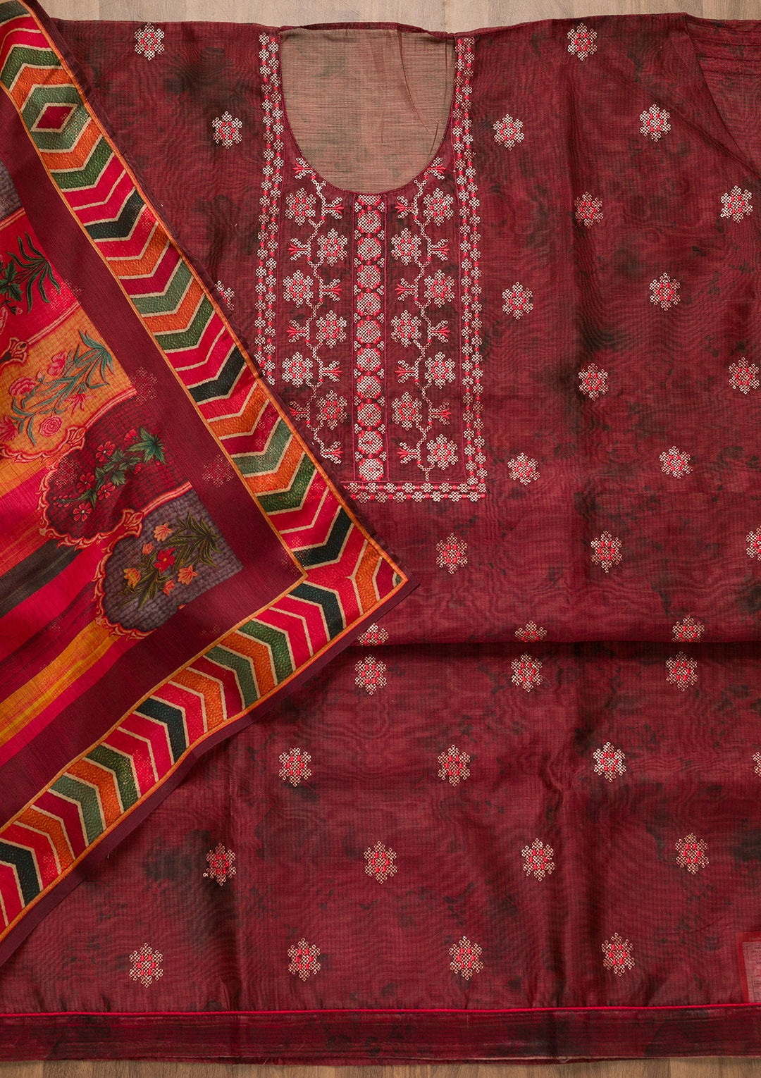 Wine Threadwork Chanderi Unstitched Salwar Suit-Koskii