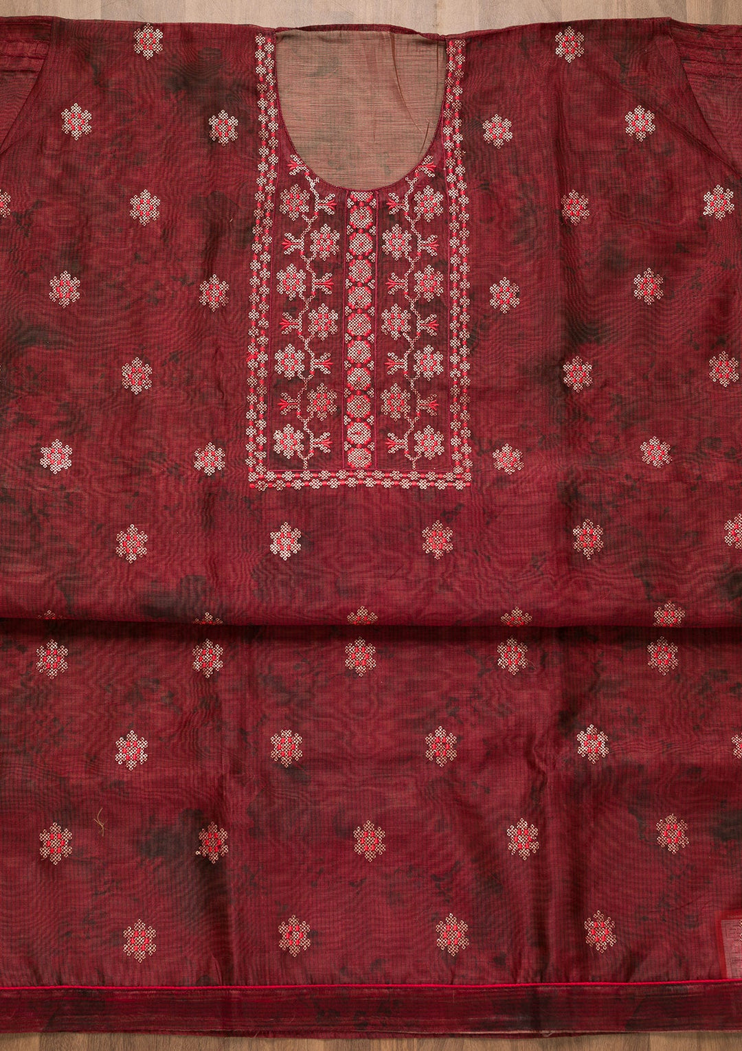 Wine Threadwork Chanderi Unstitched Salwar Suit-Koskii
