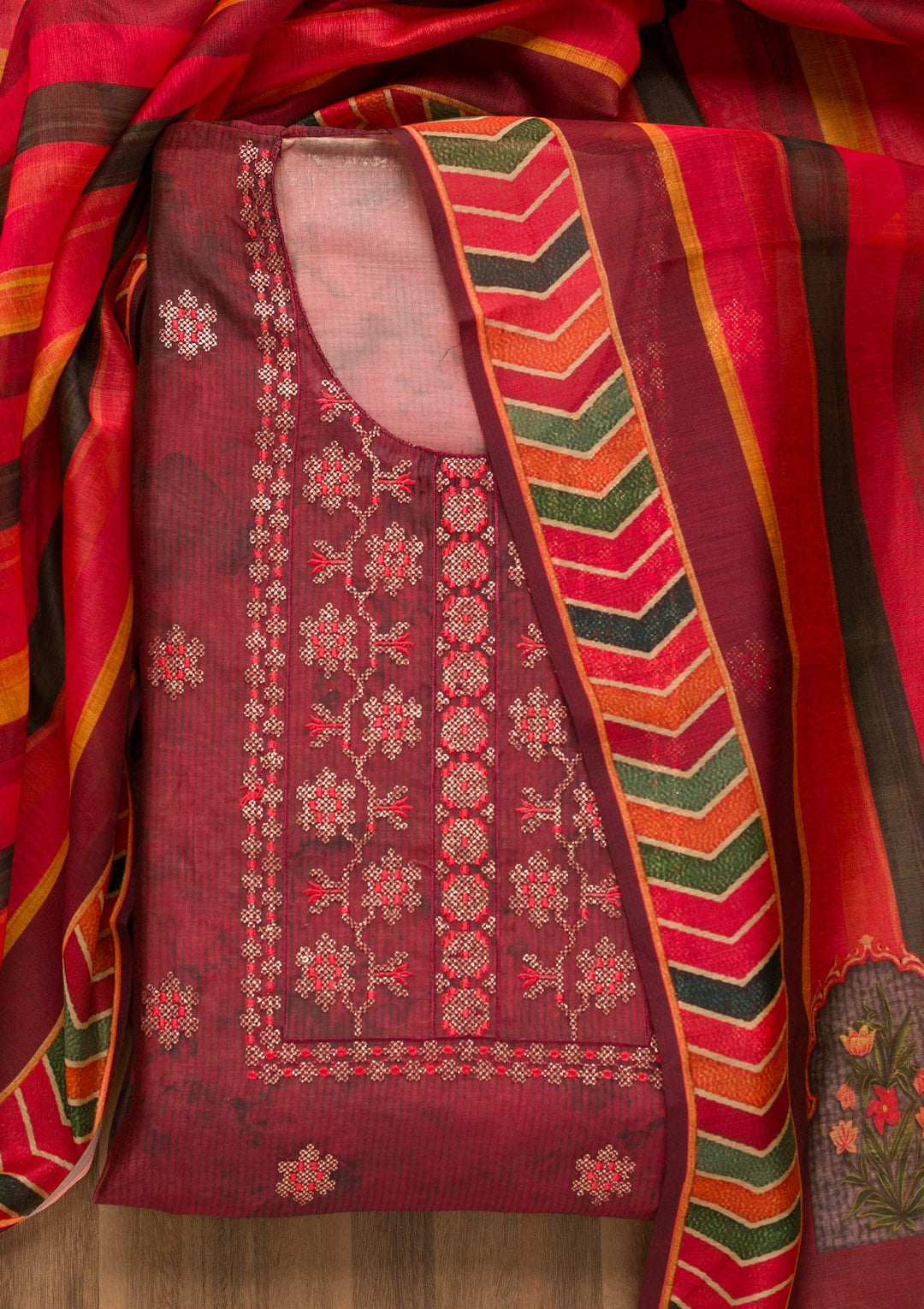Wine Threadwork Chanderi Unstitched Salwar Suit-Koskii