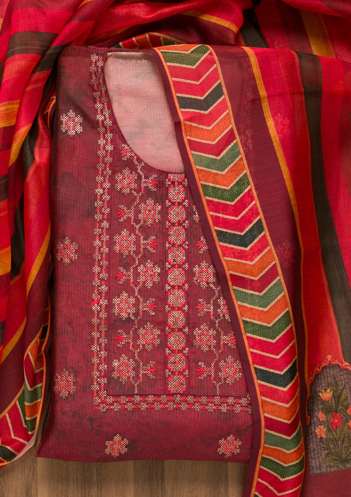 Wine Threadwork Chanderi Unstitched Salwar Suit-Koskii