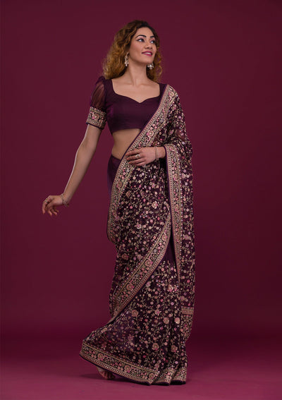 Wine Threadwork Georgette Saree-Koskii