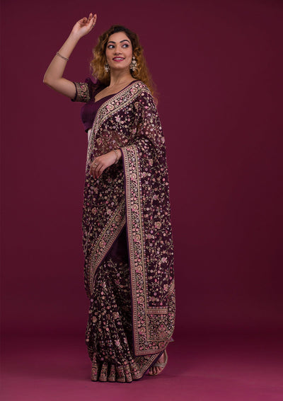 Wine Threadwork Georgette Saree-Koskii