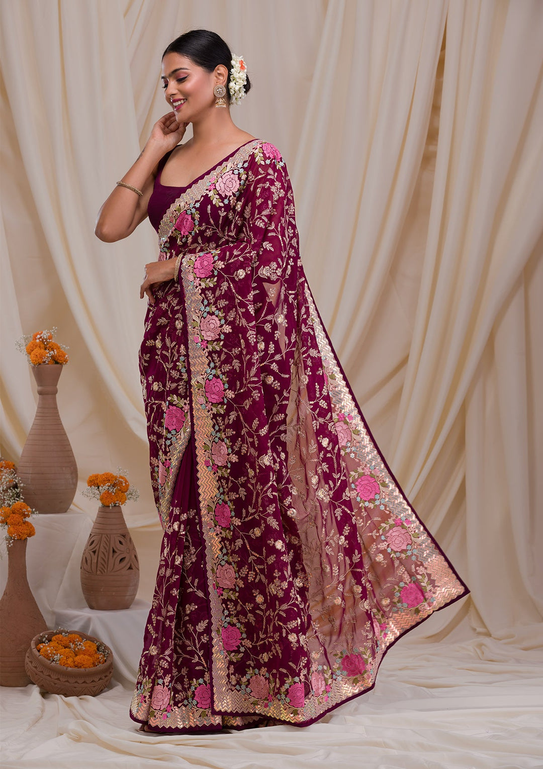 Wine Threadwork Georgette Saree-Koskii