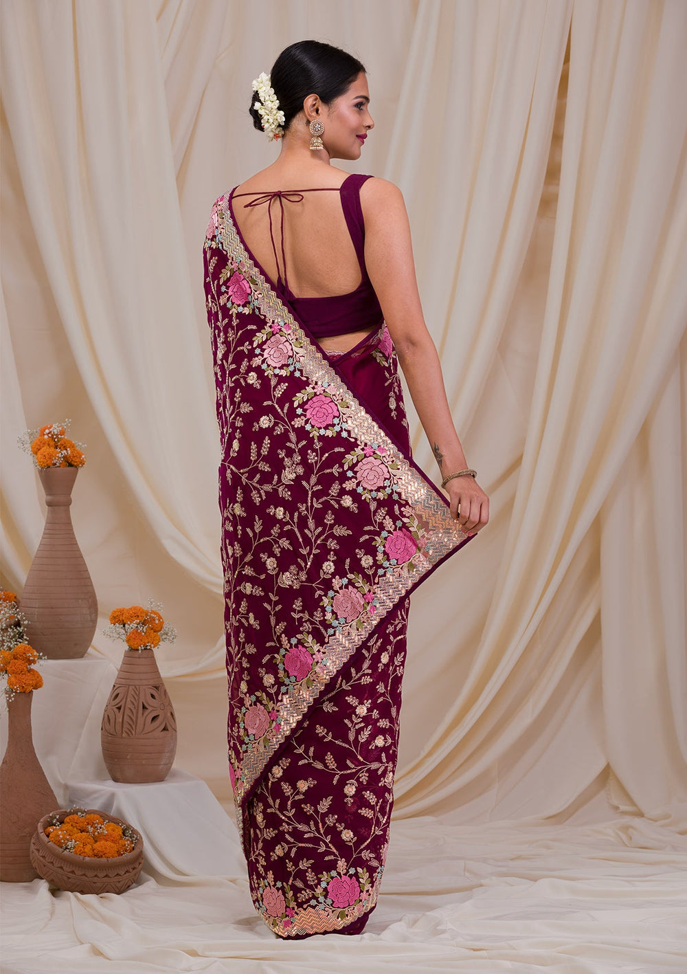 Wine Threadwork Georgette Saree-Koskii