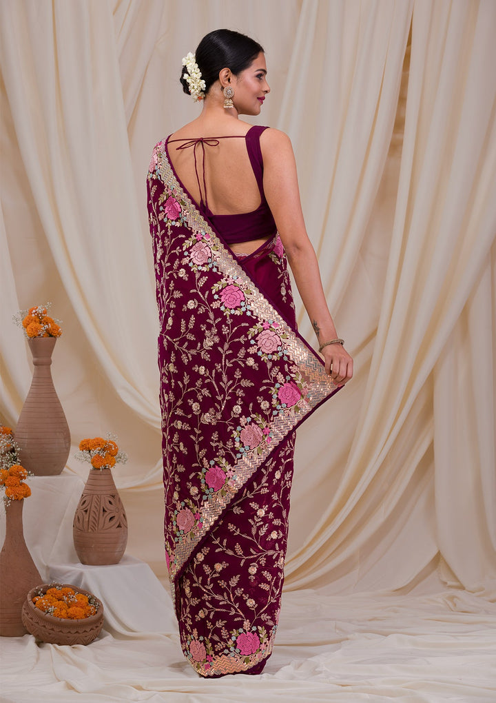 Wine Threadwork Georgette Saree-Koskii