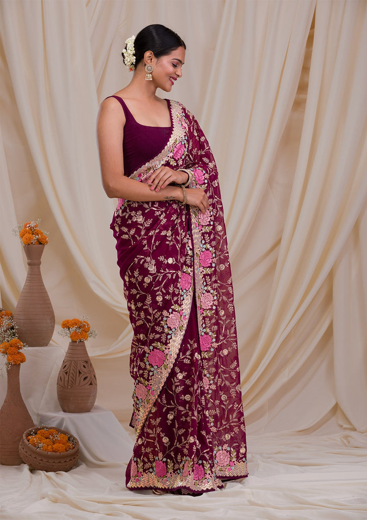 Wine Threadwork Georgette Saree-Koskii