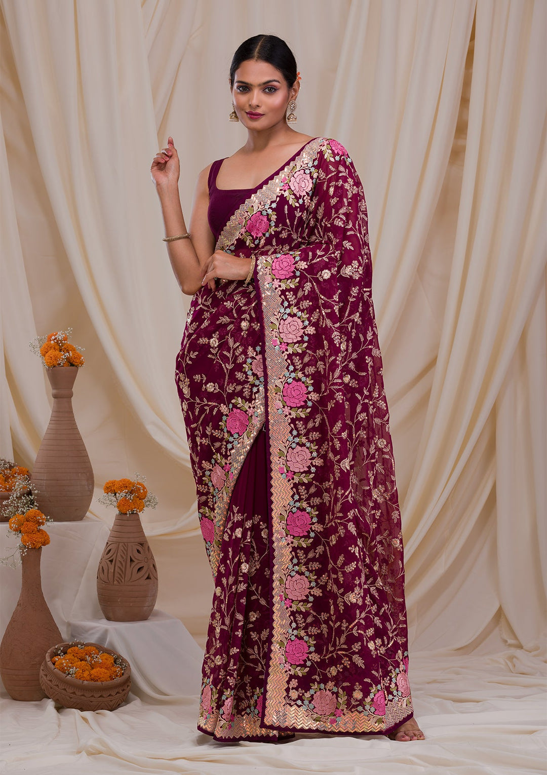 Wine Threadwork Georgette Saree-Koskii
