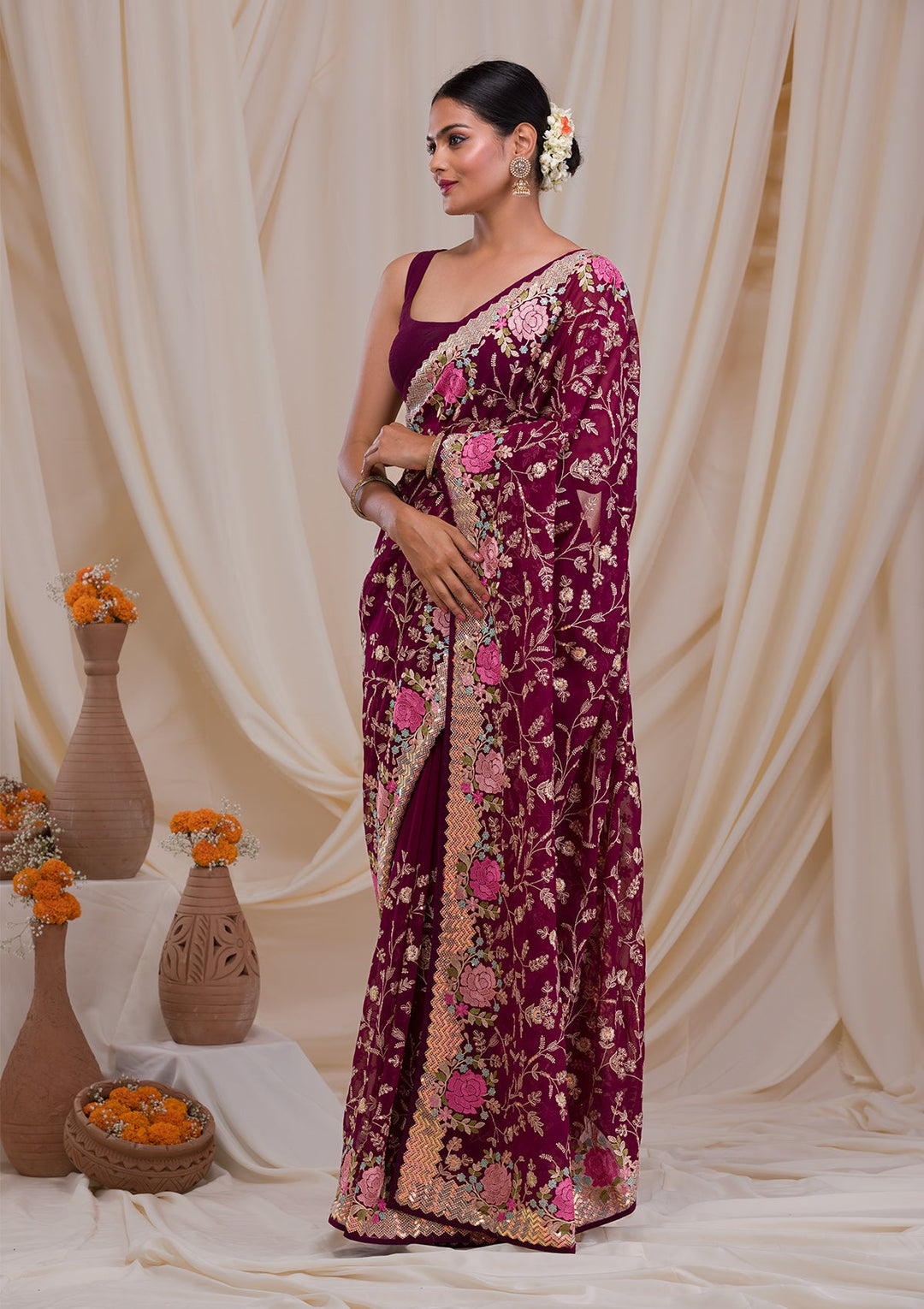 Wine Threadwork Georgette Saree-Koskii