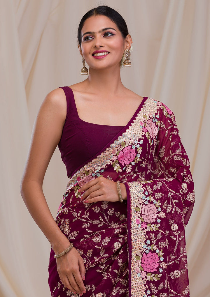 Wine Threadwork Georgette Saree-Koskii